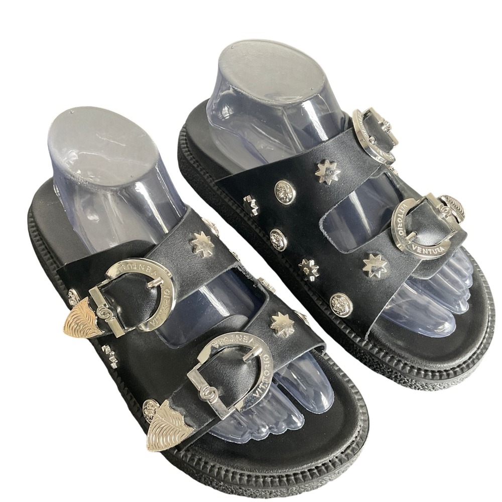 Vittorio Ventura Black Star Stud Double Strap Buckle Slide Sandals Womens 7.5